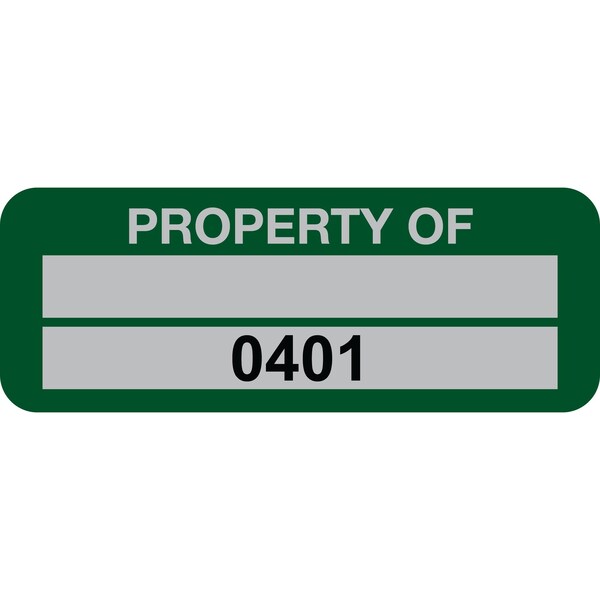 Lustre-Cal Property ID Label PROPERTY OF 5 Alum Green 2in x 0.75in 1 Blank Pad & Serialized 0401-0500, 100PK 253740Ma2G0401 - main